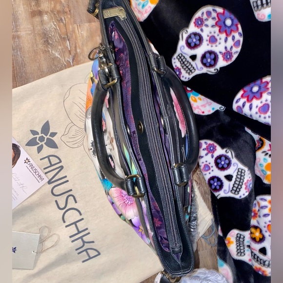 New ANUSCHKA SUGAR SKULL DAY OF DEAD CALAVERAS LEATHER SATCHEL TOTE BAG 3 COMPT - Picture 9 of 12
